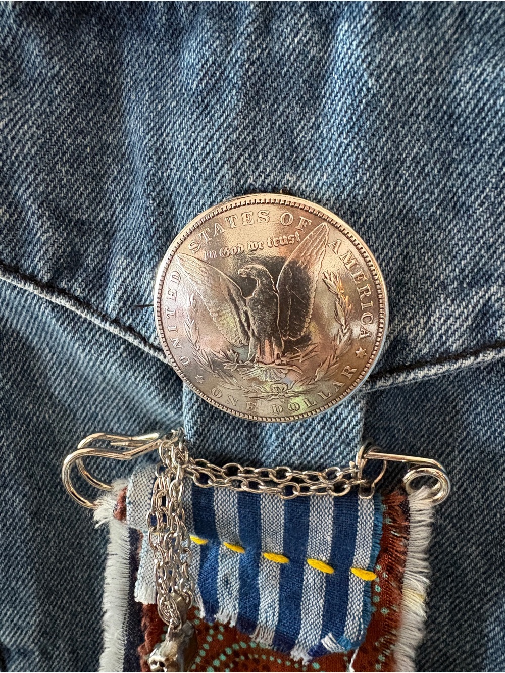 One-of-a-Kind Upcycled Denim Jacket w/Vintage Southwestern Eagle Embroidery - Picture 7 of 13